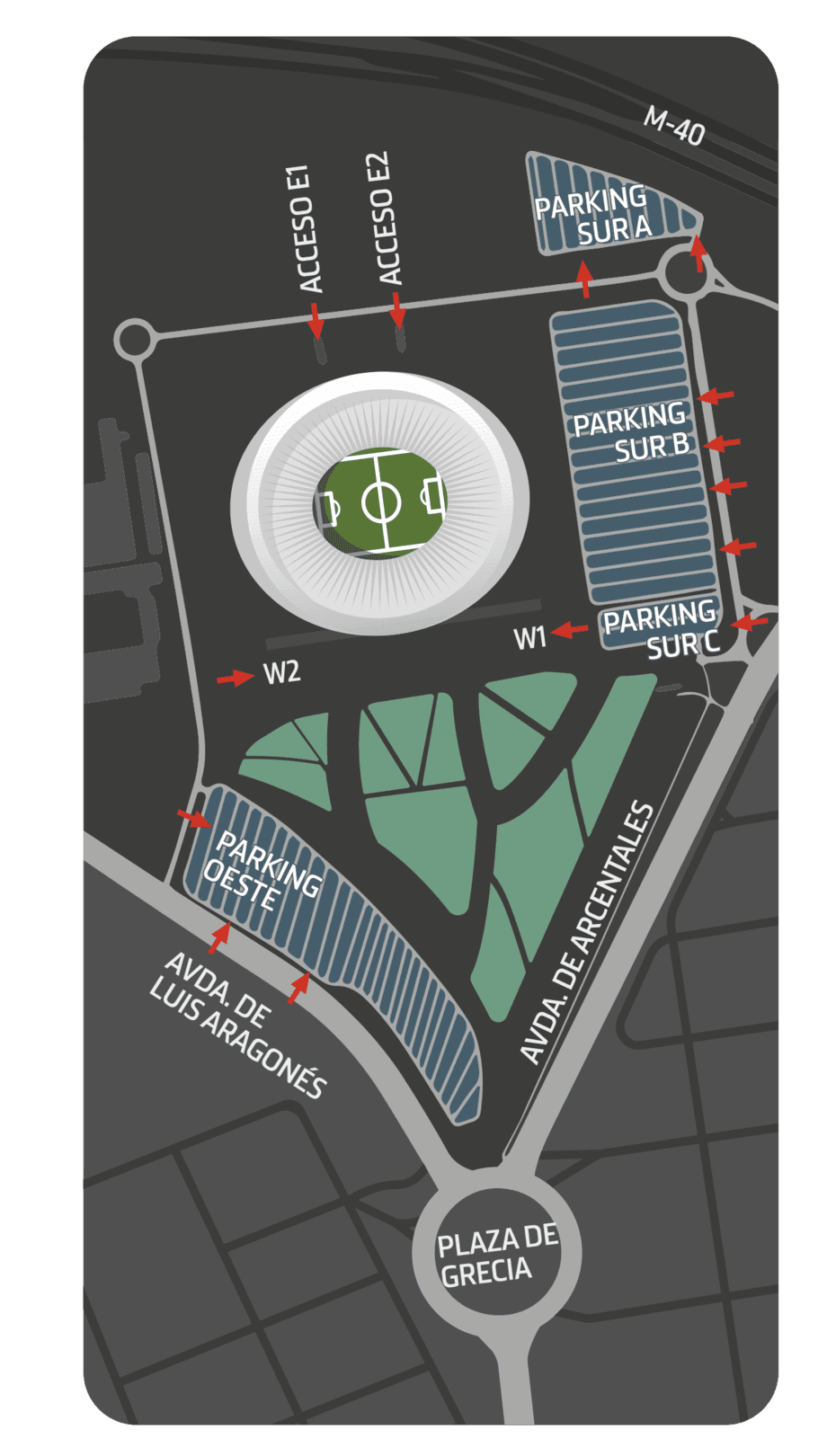 Vista global de los parkings del Estadio Riyadh Air Metropolitano, Madrid — P-Sur, P-Este y P-Oeste