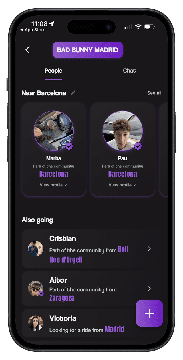 VIB3S app — event community activity: where people are from, what they search, driver or passenger