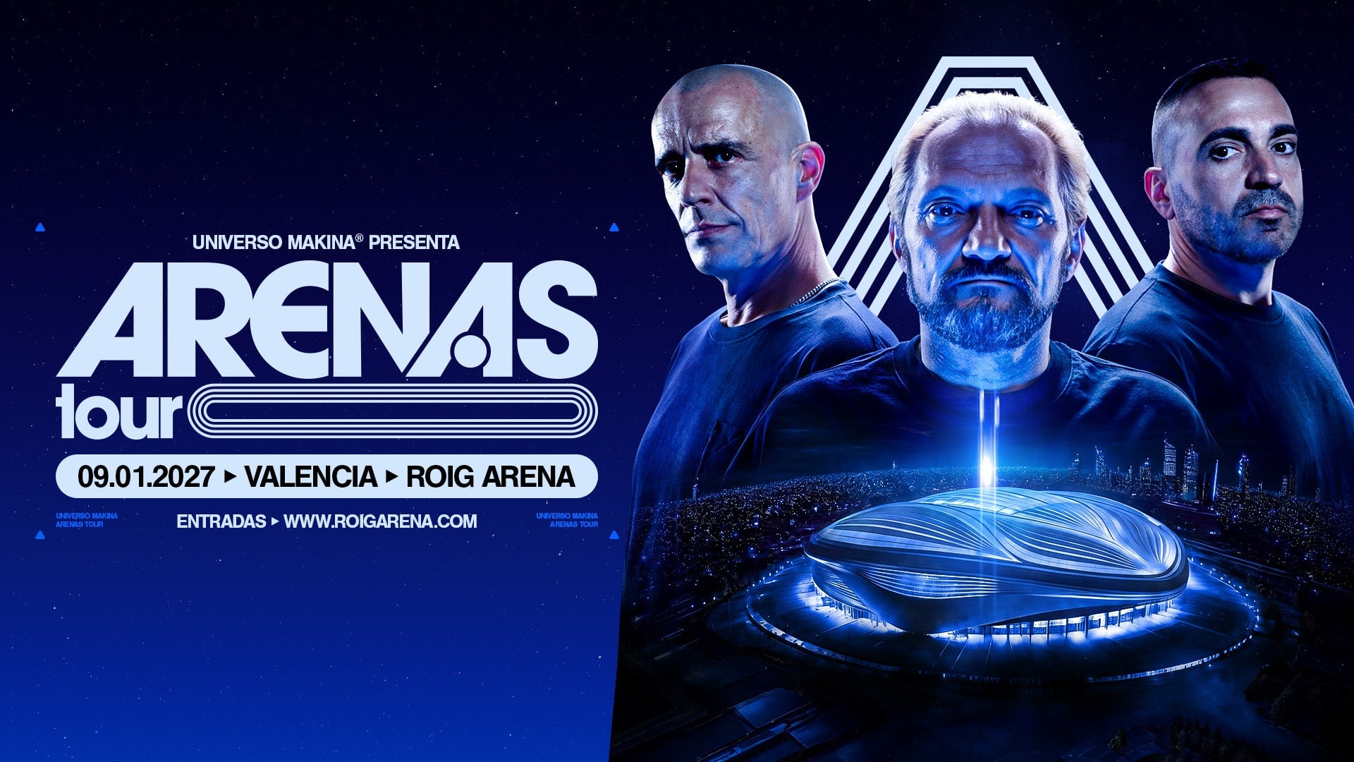 Cartel oficial de Universo Makina Arenas Tour en el Roig Arena de València, 9 de enero de 2027